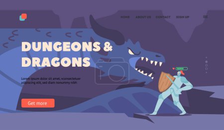 Ilustración de Dungeons and Dragons Landing Page Template. Person Wear Knight Costume Virtual Reality Headset Playing Mmorpg Video Game Fighting with Dragon in Cave, Multiplayer Gaming. Cartoon Vector Illustration - Imagen libre de derechos