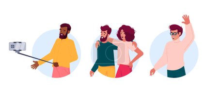 Illustration for Group Of Cheerful Friends Taking Selfie, Smiling And Having Fun Together. Joyful Modern People with Smartphones in Festive Atmosphere.Isolated Round Icons or Avatars. Cartoon Vector Illustration - Royalty Free Image