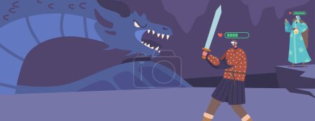 Ilustración de Characters in Fantasy Attire and Virtual Reality Headset Playing Mmorpg Video Game. Warrior and Wizard Fight with Dragon in Immersive 3d Digital World, Gaming Experience. Cartoon Vector Illustration - Imagen libre de derechos