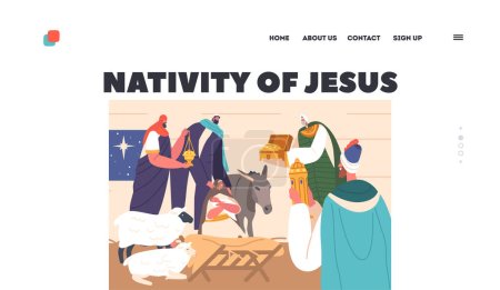Illustration for Nativity of Jesus Landing Page. Three Wise Men Honor Newborn Messiah with Gifts. Balthazar, Caspar and Melchior Bring Gold, Frankincense, And Myrrh To Jesus Christ. Cartoon People Vector Illustration - Royalty Free Image
