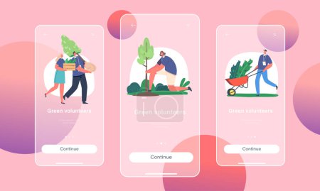 Téléchargez les illustrations : Green Volunteers Mobile App Page Onboard Screen Template. Group Of Smiling Characters Wearing Work Clothes Gardening An Planting Trees, Save Planet Eco Concept. Cartoon People Vector Illustration - en licence libre de droit