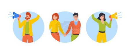 Illustration for Man with Loudspeakers, People Holding Hands Isolated Round Icons or Avatars. Refer A Friend Program, Advertising, Promotion Concept with Male and Female Characters. Cartoon People Vector Illustration - Royalty Free Image