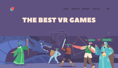 Ilustración de The Best Vr Games Landing Page Template. Characters Wearing Virtual Reality Headset and Fantasy Costumes Playing Mmorpg Video Game. Concept of Immersive 3d Digital World. Cartoon Vector Illustration - Imagen libre de derechos