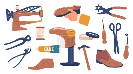 Ilustración de Set of Boarding Tools. Board Lasts, Cutting Knives, Awl, Stitching and Chisels. Edge, Beveler, Hammer, Welt, Cord and Roller. Skiving, Knife, Needles, Punch, Pliers, Sandpaper, Shoe, Wax and Polish - Imagen libre de derechos