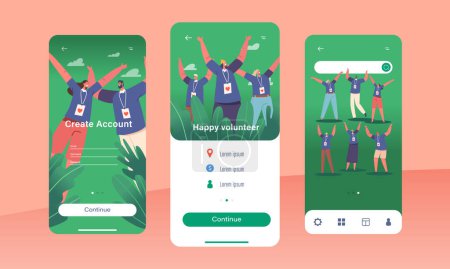Téléchargez les illustrations : Happy Volunteers Mobile App Page Onboard Screen Template. Joyful Male and Female Characters Celebrating, Radiating Happiness From Smiling Faces, Rejoice Concept. Cartoon People Vector Illustration - en licence libre de droit