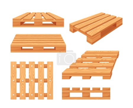 Illustration for Set of Wooden Pallets Front, Top, Angle View. Storehouse Equipment For Loading And Transporting Freight. Warehousing or Delivery Service Items Isolated on White Background. Cartoon Vector Illustration - Royalty Free Image