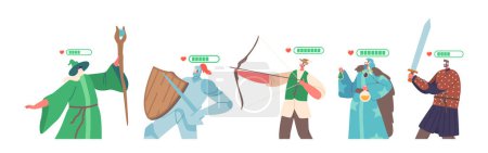 Ilustración de Characters Wearing Virtual Reality Headset and Fantasy Costumes of Wizard, Knight, Archer, Magician and Warrior Playing Mmorpg Video Game. Immersive 3d Digital World. Cartoon Vector Illustration - Imagen libre de derechos