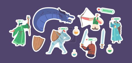 Illustration for Set of Stickers Characters Wearing Virtual Reality Headset and Fantasy Costumes Playing Mmorpg Video Game. 3d Digital World, Futuristic Technology, Gaming Online. Cartoon Vector Illustration, Patches - Royalty Free Image