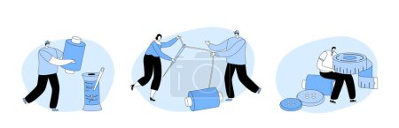 Téléchargez les illustrations : Set Atelier Workers Repair Clothes. Tiny Characters with Sewing Tools in Workshop. Tailor or Dressmaker Profession, Masters Repair Broken Textile and Clothing. Cartoon People Vector Illustration - en licence libre de droit