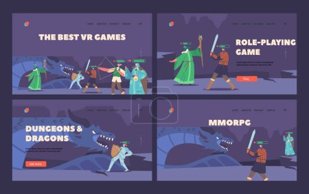 Illustration for Vr Games Landing Page Template Set. Characters Wearing Virtual Reality Headset and Fantasy Costumes Playing Mmorpg Video Game. Concept of Immersive 3d Digital World. Cartoon Vector Illustration - Royalty Free Image