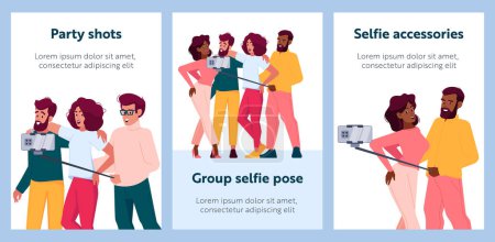 Illustration for Cartoon Banners with Group of Friends Taking Selfie. Diverse People with Happy Faces Standing Together Holding Camera making Party Shots. Fun, Friendship, Technology Vector Illustration, Posters - Royalty Free Image