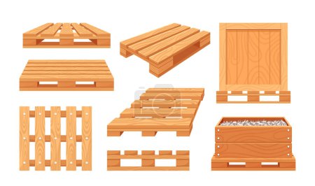 Illustration for Set of Wooden Pallets Freight, Delivery And Warehousing Service Equipment. Wood Trays in Different Positions To Transport Cargo And Facilitate Delivery and Loading. Cartoon Vector Illustration - Royalty Free Image