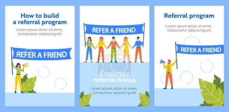 Illustration for Refer A Friend Cartoon Banner. Group Of People with Loudspeakers and Large Banner Promoting Referral Program. Connected Male and Female Characters Holding Hands. Vector Illustration - Royalty Free Image