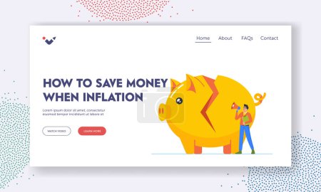 Illustration for How to Save Money during Inflation Landing Page Template. Business Man With Loudspeaker Stand at Broken Piggy Bank. Financial Problems, Debt, Poor Planning Concept. Cartoon People Vector Illustration - Royalty Free Image