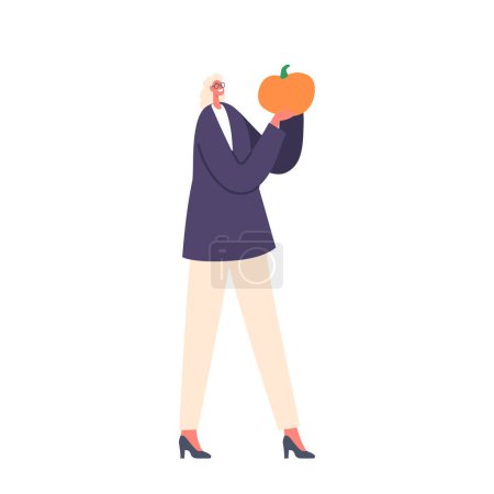 Illustration for Senior Woman Shopping, Selecting A Pumpkin Of Harvest Vegetables In Market Stand. Character Makes A Decision On Which Pumpkin To Buy Isolated on White Background. Cartoon People Vector Illustration - Royalty Free Image