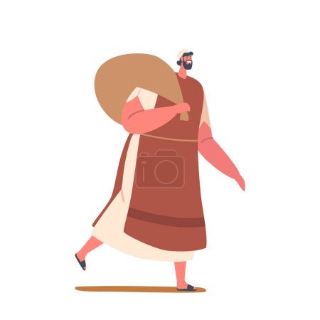 Illustration for Ancient Israelite Man Walks in Journey With Possessions Including Bag or Sack Filled With Essentials Slung Over Shoulder. Male Character Dressed In Long Tunic And Sandals, Cartoon Vector Illustration - Royalty Free Image