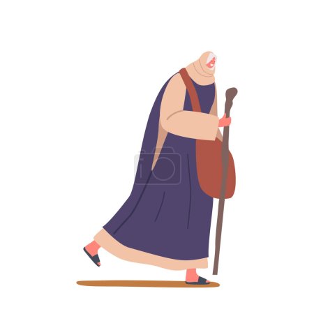 Ilustración de Antigua mujer israelita camina con el bastón. Personaje femenino vestido con ropa tradicional con cabeza cubierta, lleva bolsa con pertenencias, viaje de éxodo a la tierra prometida. Ilustración de vectores de dibujos animados - Imagen libre de derechos