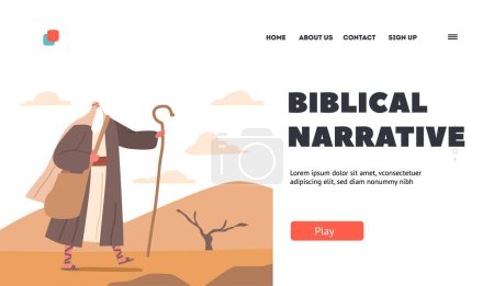 Illustration for Biblical Narrative Landing Page Template. Moses Prophet Character Stands Tall In Desert Holding Staff Symbolizing Divine Guidance And Leadership For People On Journey. Cartoon Vector Illustration - Royalty Free Image