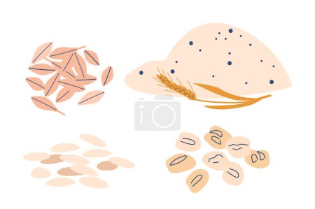 Téléchargez les illustrations : Cereal Grain Piles Isolated on White Background. Agricultural Production, Food Or Rustic Natural Plant, Product Crop Heaps with Scattered Seeds of Wheat, Rye, Oat. Cartoon Vector Illustration - en licence libre de droit