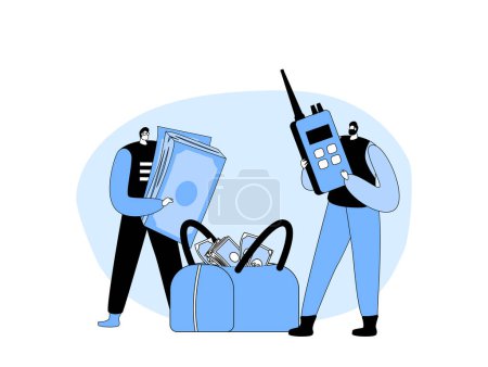 Téléchargez les illustrations : Banking, Armed Cash-in-transit Guard or Collector Characters with Money Bag Speaking by Walkie-Talkie. Bank Convoy Collection from ATM or Currency Exchange Office. Cartoon People Vector Illustration - en licence libre de droit