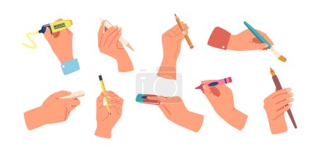 Illustration for Set of Human Hands Holding Various Writing Tools Such As Pencil, Pen, Crayon or Marker, Quill Pen, Brush or Eraser Showcasing The Creativity And Versatility Of Hand. Cartoon Vector Illustration - Royalty Free Image