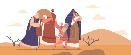 Ilustración de Group Of Adult and Kid Israelite Characters with Belongings Walking Through Desert with Mountainous Terrain, Biblical Story about Moses Lead People to Promised Land. Cartoon Vector Illustration - Imagen libre de derechos