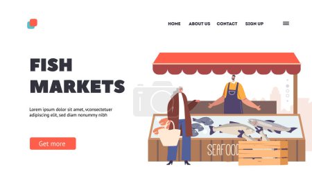 Téléchargez les illustrations : People Shopping at Fish Market Landing Page Template. Characters Buying Fresh Seafood. Shoppers Purchase Farm Products in Vibrant Atmosphere Of Community In The Air. Cartoon Vector Illustration - en licence libre de droit