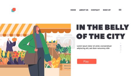 Téléchargez les illustrations : Farmer City Market Landing Page Template. Busy And Bustling Market Represents A Hub Of Food Commerce, Characters Carrying Shopping Bags With A Mix Of Healthy Foods. Cartoon People Vector Illustration - en licence libre de droit