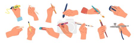 Téléchargez les illustrations : Set of Human Hands Holding Various Writing Tools Such As Stylus, Pen, Crayon Or Marker, Quill Pen, Brush Or Eraser, Pencil and Marker Diverse Range. Creative Power Of Hand. Cartoon Vector Illustration - en licence libre de droit