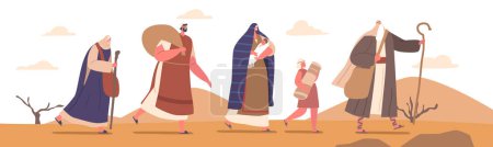 Téléchargez les illustrations : Moïse guide les Israélites à travers le désert, le caractère avec le personnel élevé dans la main conduit les gens à la terre promise sur fond montre de vastes dunes de sable et la foule errante suit. Illustration vectorielle de bande dessinée - en licence libre de droit