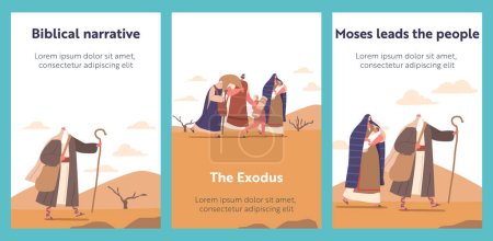 Illustration for Cartoon Banners with Moses Guides Israelites Through Desert, Character with Staff In Hand Leads People To Promised Land on Background Shows Vast Sand Dunes and Wandering Crowd Follows. Vector Posters - Royalty Free Image