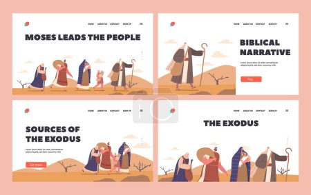 Illustration for Moses Leads the People Landing Page Template Set. Biblical Prophet Guides Israelites Through Desert, Character with Raised Staff In Hand and Crowd Follows To Promised Land. Cartoon Vector Illustration - Royalty Free Image
