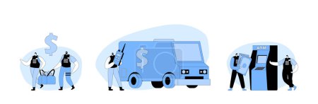 Illustration for Armed Cash-in-transit Collector Characters Carry Bags from ATM or Currency Exchange Office to Armored Car. Guard ConvoyCollecting Cash for Transportation to Bank. Cartoon People Vector Illustration - Royalty Free Image