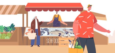 Téléchargez les illustrations : People Shopping Goods at Outdoor Food Market. Characters Buying Fresh Seafood and Vegetables. Shoppers Purchase Farm Products in Vibrant Atmosphere Of Community In The Air. Cartoon Vector Illustration - en licence libre de droit