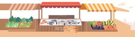 Téléchargez les illustrations : Outdoor Food Market With Empty Stalls Showcasing Various Food Items Such As Fruits, Vegetables, Greenery and Seafood. Vendor Booths with Fresh Abundant Selection Of Goods. Cartoon Vector Illustration - en licence libre de droit