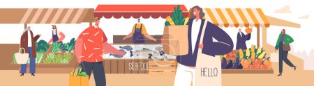Illustration for Crowded Food Market With Diverse People Shopping For Fresh Products. Stall Owners Display Their Wares, Customer Characters Inspect Goods, And Vendors Shout Out Prices. Cartoon Vector Illustration - Royalty Free Image