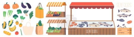 Ilustración de Set of Food Market Stalls Displaying Fresh Products And Goods. Outdoor Setting With Vendors Booths Showcasing Themes Such As Local Cuisine, Veggies, Healthy Eating Or Food. Cartoon Vector Illustration - Imagen libre de derechos