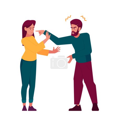 Illustration for Couple Quarrel, Male and Female Characters Argue. Man Shouting At Woman with Tense Emotions, Hands Gestures And Facial Expressions Show Anger And Annoyance. Cartoon Vector Illustration - Royalty Free Image