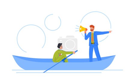 Illustration for Leadership And Direction Concept. Male Character Rowing With Confidence And Authority, Leader with Loudspeaker Giving Advice and Motivation Course And Inspires The Team. Cartoon Vector Illustration - Royalty Free Image