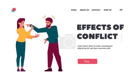 Illustration for Effects of Conflict Landing Page Template. Couple Quarrel, Male and Female Characters Argue. Man Shouting At Woman with Tense Emotions, Hands Gestures And Annoyance. Cartoon Vector Illustration - Royalty Free Image
