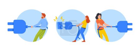 Illustration for Digital Detox Isolated Round Icons or Avatars with Tiny People Pull Plug Disconnecting From Technology, Importance Of Unplugging And Taking Time For Oneself. Cartoon Vector Illustration - Royalty Free Image