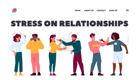 Illustration for Stress in Relationships Landing Page Template. Couple Quarrel, Partners Argue, Frustration And Anger. Angry Man and Woman Facing to Each Other Express Tense and Aggression. Cartoon Vector Illustration - Royalty Free Image