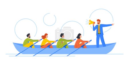 Illustration for Teamwork, Unity, Collaboration Of People In Boat Rowing In Unison With Coordinated Efforts Towards A Common Goal. Business Characters Working Together To Achieve Success. Cartoon Vector Illustration - Royalty Free Image