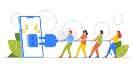 Téléchargez les illustrations : Digital Detox Concept with Tiny People Pull Plug Turning Off Giant Phone. Concept Of Disconnecting From Technology, Importance Of Unplugging And Taking Time For Oneself. Cartoon Vector Illustration - en licence libre de droit
