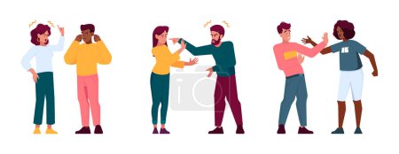 Illustration for Couple Quarrel, Disagreement Between Partners Leads To An Argument, Frustration And Anger. Angry Man and Woman Facing to Each Other Expressing Tense and Aggression. Cartoon Vector Illustration - Royalty Free Image