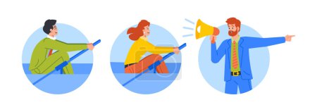 Téléchargez les photos : Isolated Round Icons or Avatars of People Rowing in Boat, Man with Bullhorn. Determination And Persistence Towards Success, Never Giving Up, Achieve a Goal Concept. Cartoon Vector Illustration - en image libre de droit
