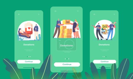 Ilustración de Donations Mobile App Page Onboard Screen Template. Volunteers Characters Donate Food, Aid and Blood for Supporting Refugees, Charity, Philanthropy Concept. Cartoon People Vector Illustration - Imagen libre de derechos