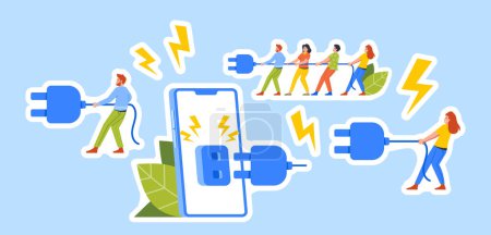 Ilustración de Set of Stickers Digital Detox Theme. Tiny People Pull Plug Turning Off Huge Phone Disconnecting From Technology, Importance Of Unplugging And Taking Break. Cartoon Vector Illustration Patches - Imagen libre de derechos