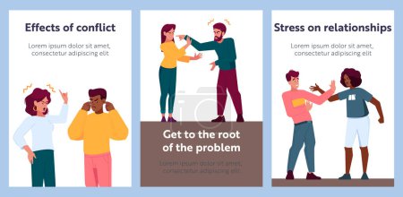 Téléchargez les illustrations : Couple Quarrel Cartoon Banners. Disagreement Between Partners Leads To An Argument, Frustration And Anger. Angry Man and Woman Facing to Each Other Expressing Tense and Aggression. Vector Posters - en licence libre de droit