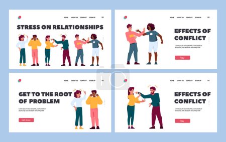 Ilustración de Relationships Breakup Landing Page Template Set. Couple Quarrel, Partners Argue, Frustration And Anger. Angry Man and Woman Yell on Each Other Express Tense and Aggression. Cartoon Vector Illustration - Imagen libre de derechos